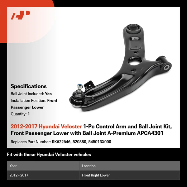 2012-2017 Hyundai Veloster 1-Pc Control Arm and Ball Joint Kit, Front Passenger Lower with Ball Joint A-Premium APCA4301