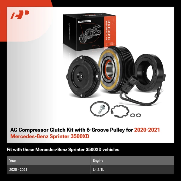 AC Compressor Clutch Kit with 6-Groove Pulley for 2020-2021 Mercedes-Benz Sprinter 3500XD