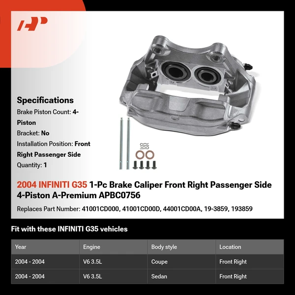 2004 INFINITI G35 1-Pc Brake Caliper Front Right Passenger Side 4-Piston A-Premium APBC0756