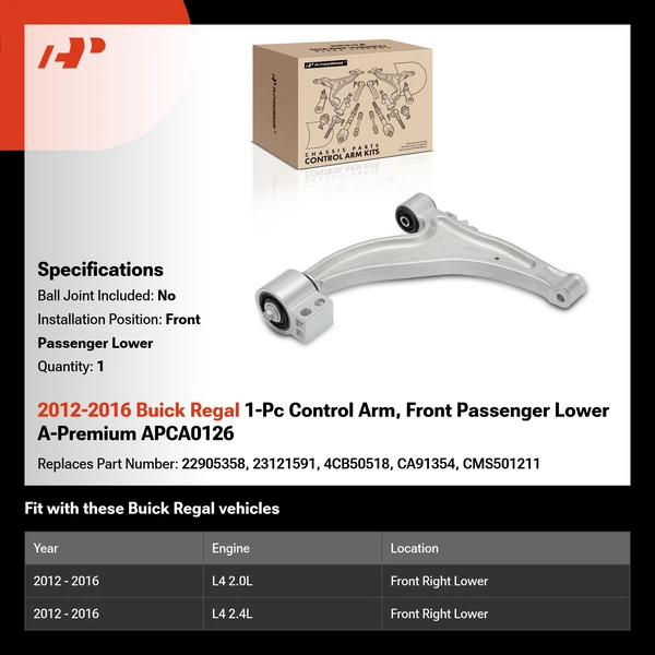 2012-2016 Buick Regal 1-Pc Control Arm, Front Passenger Lower A-Premium APCA0126