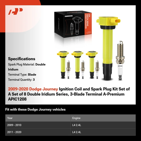 2009-2020 Dodge Journey Ignition Coil and Spark Plug Kit Set of A Set of 8 Double Iridium Series, 3-Blade Terminal A-Premium APIC1208