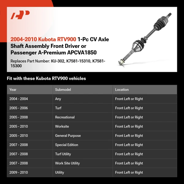 2004-2010 Kubota RTV900 1-Pc CV Axle Shaft Assembly Front Driver or Passenger A-Premium APCVA1850