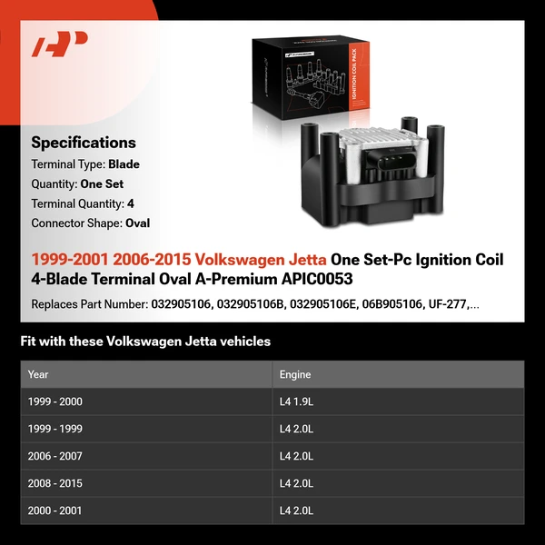1999-2001 2006-2015 Volkswagen Jetta One Set-Pc Ignition Coil 4-Blade Terminal Oval A-Premium APIC0053