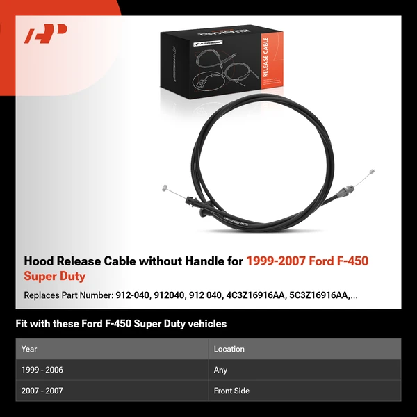 Hood Release Cable without Handle for 1999-2007 Ford F-450 Super Duty