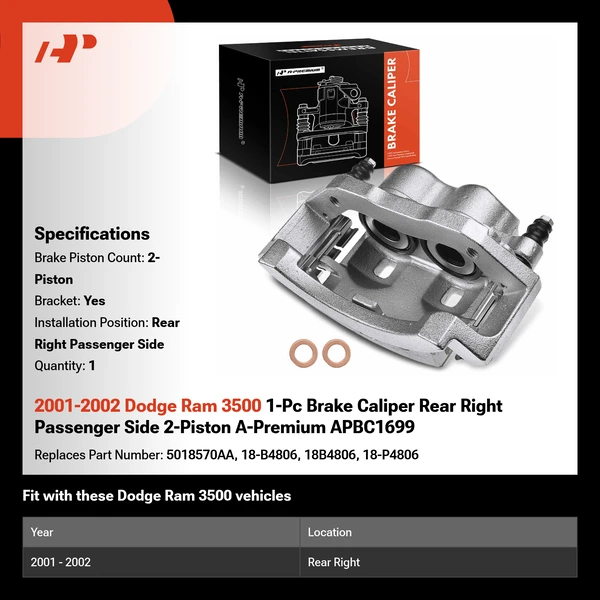 2001-2002 Dodge Ram 3500 1-Pc Brake Caliper Rear Right Passenger Side 2-Piston A-Premium APBC1699