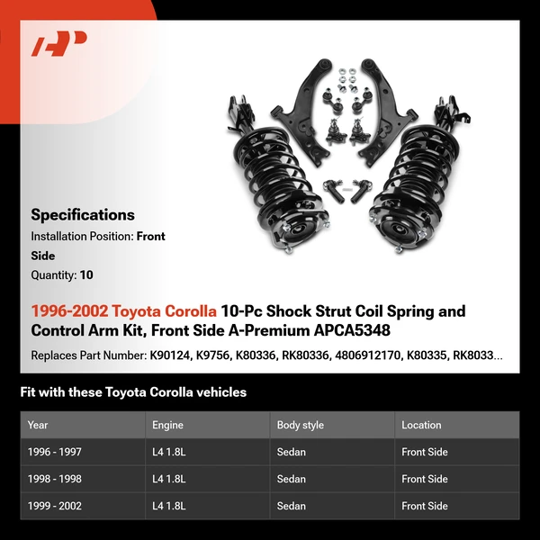 1996-2002 Toyota Corolla 10-Pc Shock Strut Coil Spring and Control Arm Kit, Front Side A-Premium APCA5348