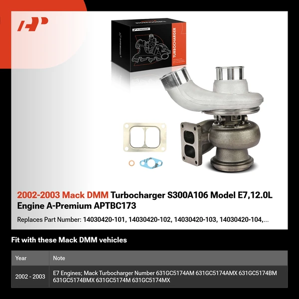 2002-2003 Mack DMM Turbocharger S300A106 Model E7,12.0L Engine A-Premium APTBC173