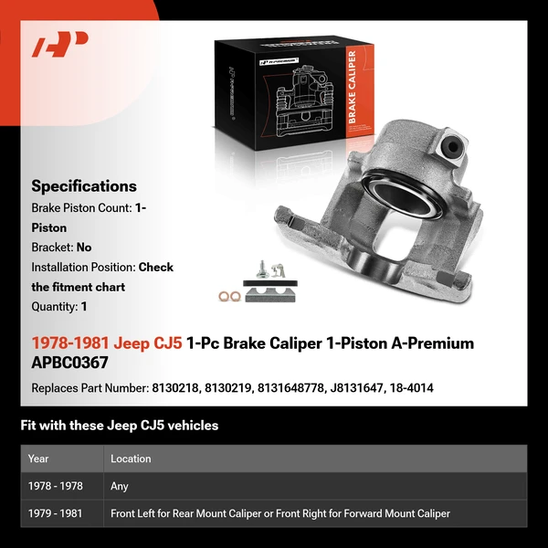 1978-1981 Jeep CJ5 1-Pc Brake Caliper 1-Piston A-Premium APBC0367