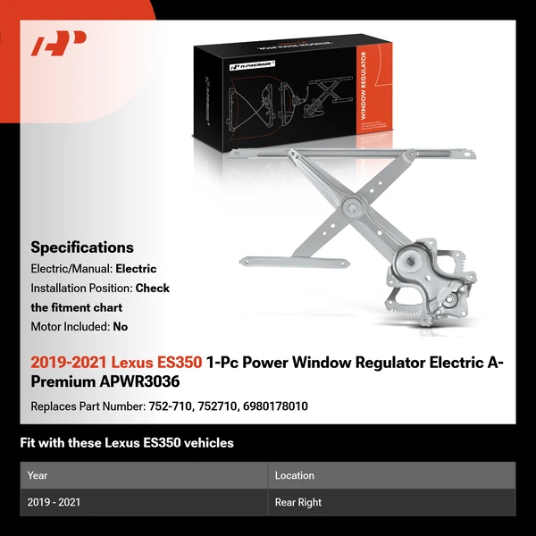 2019-2021 Lexus ES350 1-Pc Power Window Regulator Electric A-Premium APWR3036