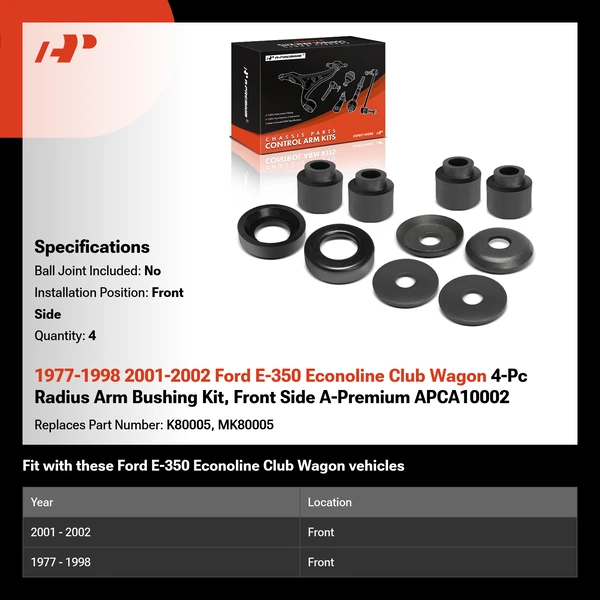 1977-1998 2001-2002 Ford E-350 Econoline Club Wagon 4-Pc Radius Arm Bushing Kit, Front Side A-Premium APCA10002