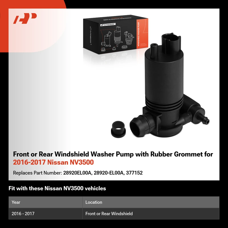 Front or Rear Windshield Washer Pump with Rubber Grommet for 2016-2017 Nissan NV3500