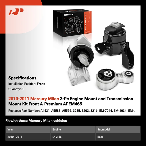 2010-2011 Mercury Milan 3-Pc Engine Mount and Transmission Mount Kit Front A-Premium APEM465