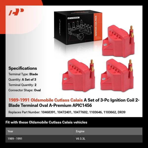 1989-1991 Oldsmobile Cutlass Calais A Set of 3-Pc Ignition Coil 2-Blade Terminal Oval A-Premium APIC1456
