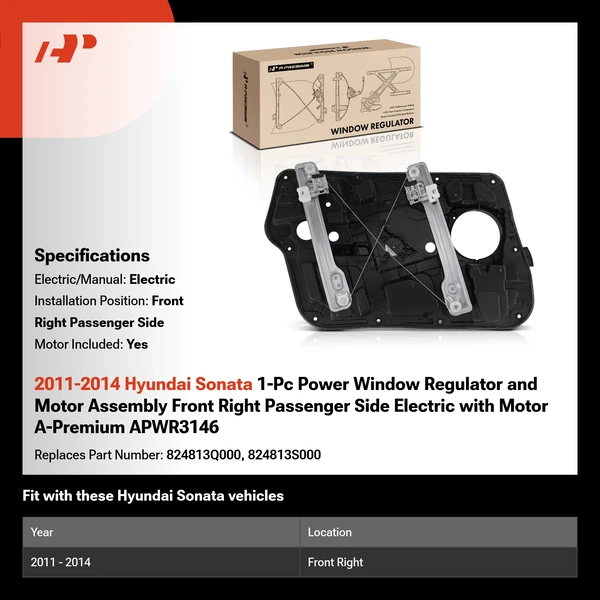 2011-2014 Hyundai Sonata 1-Pc Power Window Regulator and Motor Assembly Front Right Passenger Side Electric with Motor A-Premium APWR3146
