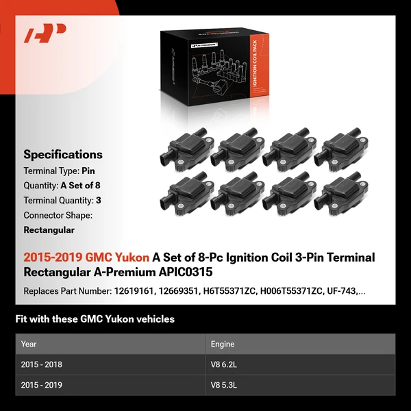 2015-2019 GMC Yukon A Set of 8-Pc Ignition Coil 3-Pin Terminal Rectangular A-Premium APIC0315