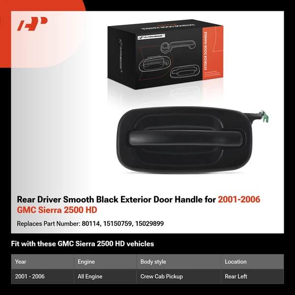 Rear Driver Smooth Black Exterior Door Handle for 2001-2006 GMC Sierra 2500 HD