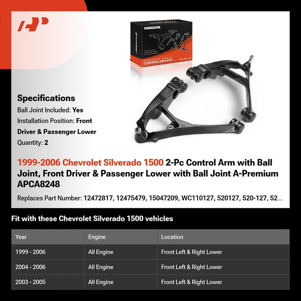1999-2006 Chevrolet Silverado 1500 2-Pc Control Arm with Ball Joint, Front Driver & Passenger Lower with Ball Joint A-Premium APCA8248