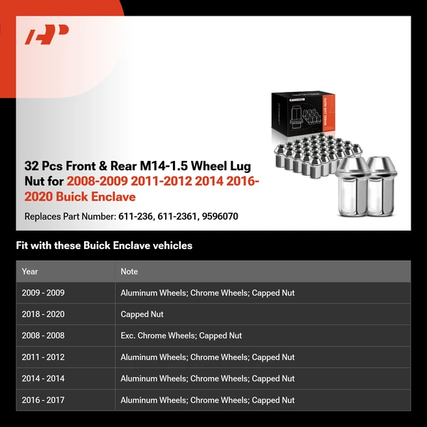 32 Pcs Front & Rear M14-1.5 Wheel Lug Nut for 2008-2009 2011-2012 2014 2016-2020 Buick Enclave