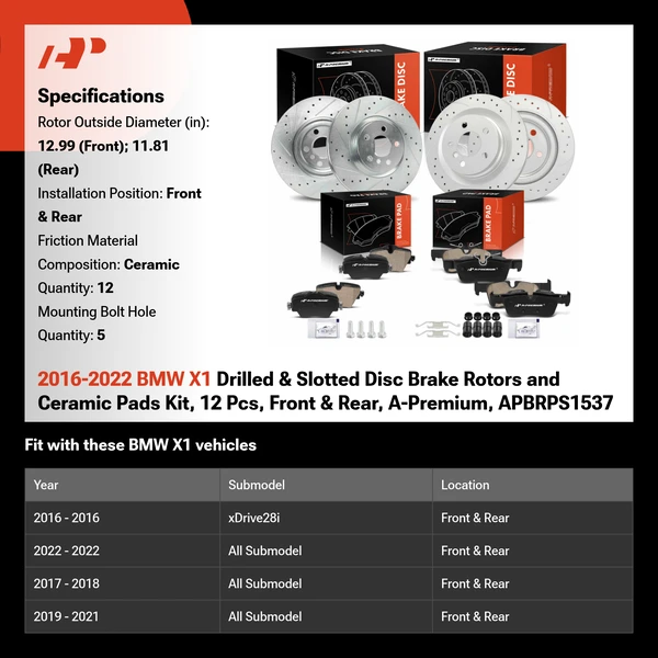 2016-2022 BMW X1 Drilled & Slotted Disc Brake Rotors and Ceramic Pads Kit, 12 Pcs, Front & Rear, A-Premium, APBRPS1537
