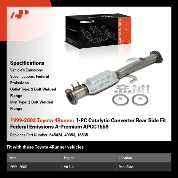 1999-2002 Toyota 4Runner 1-PC Catalytic Converter Rear Side Fit Federal Emissions A-Premium APCCT558