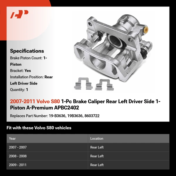 2007-2011 Volvo S80 1-Pc Brake Caliper Rear Left Driver Side 1-Piston A-Premium APBC2402