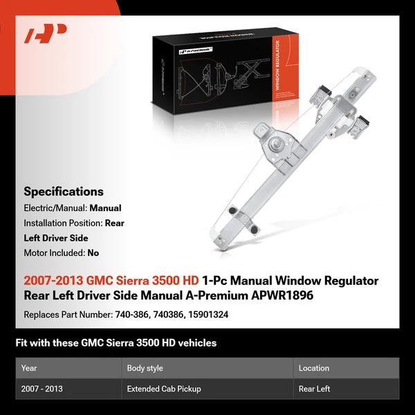 2007-2013 GMC Sierra 3500 HD 1-Pc Manual Window Regulator Rear Left Driver Side Manual A-Premium APWR1896
