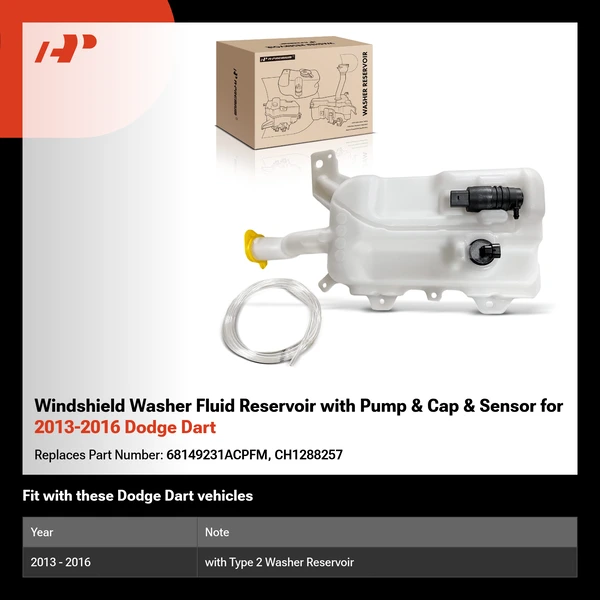 Windshield Washer Fluid Reservoir with Pump & Cap & Sensor for 2013-2016 Dodge Dart