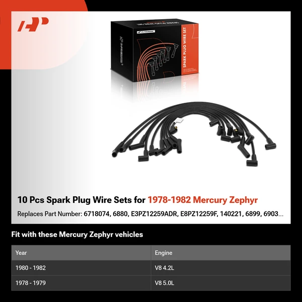 10 Pcs Spark Plug Wire Sets for 1978-1982 Mercury Zephyr