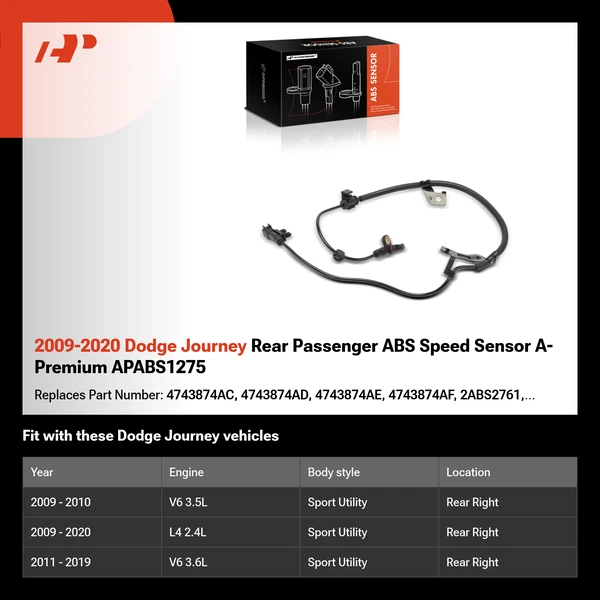 2009-2020 Dodge Journey Rear Passenger ABS Speed Sensor A-Premium APABS1275