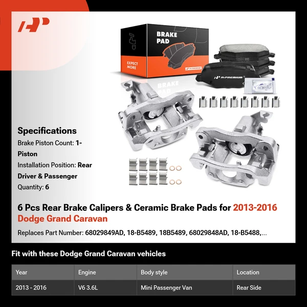 6 Pcs Rear Brake Calipers & Ceramic Brake Pads for 2013-2016 Dodge Grand Caravan
