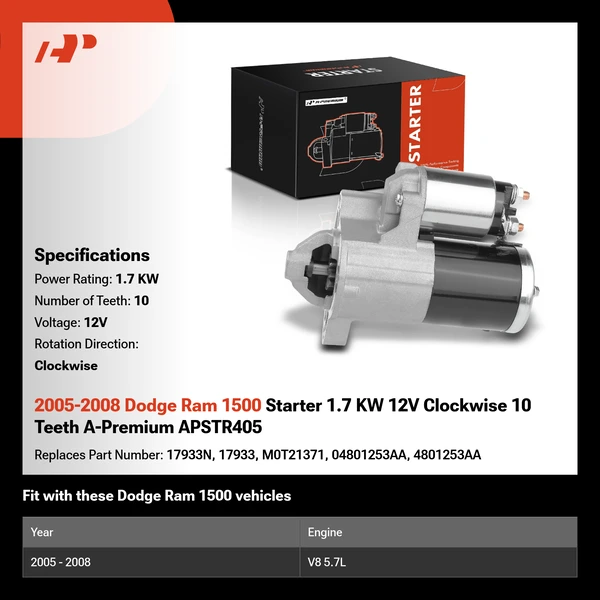 2005-2008 Dodge Ram 1500 Starter 1.7 KW 12V Clockwise 10 Teeth A-Premium APSTR405