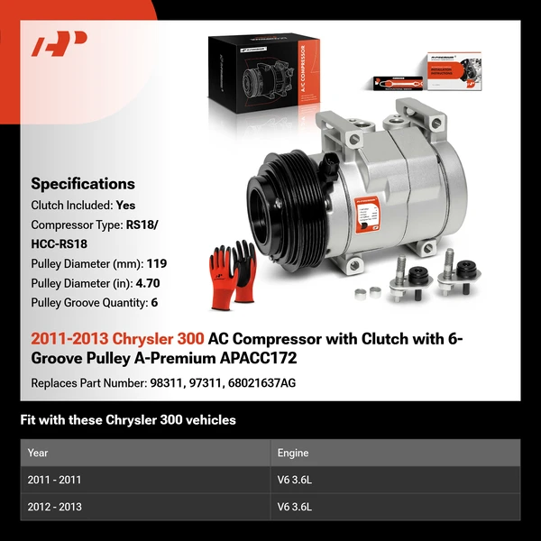 2011-2013 Chrysler 300 AC Compressor with Clutch with 6-Groove Pulley A-Premium APACC172