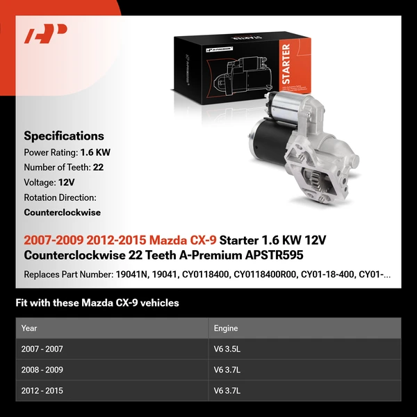2007-2009 2012-2015 Mazda CX-9 Starter 1.6 KW 12V Counterclockwise 22 Teeth A-Premium APSTR595