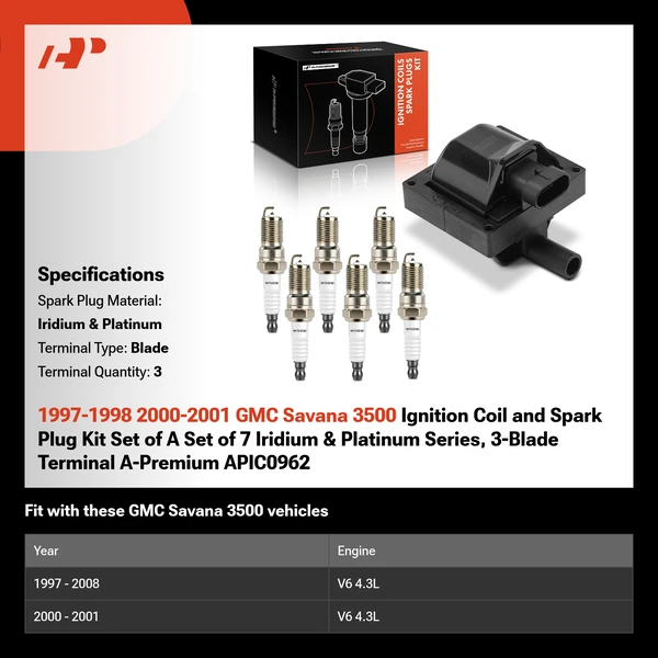 1997-1998 2000-2001 GMC Savana 3500 Ignition Coil and Spark Plug Kit Set of A Set of 7 Iridium & Platinum Series, 3-Blade Terminal A-Premium APIC0962