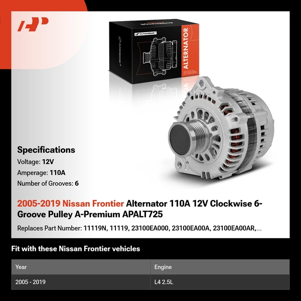 2005-2019 Nissan Frontier Alternator 110A 12V Clockwise 6-Groove Pulley A-Premium APALT725