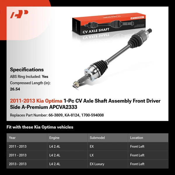2011-2013 Kia Optima 1-Pc CV Axle Shaft Assembly Front Driver Side A-Premium APCVA2333