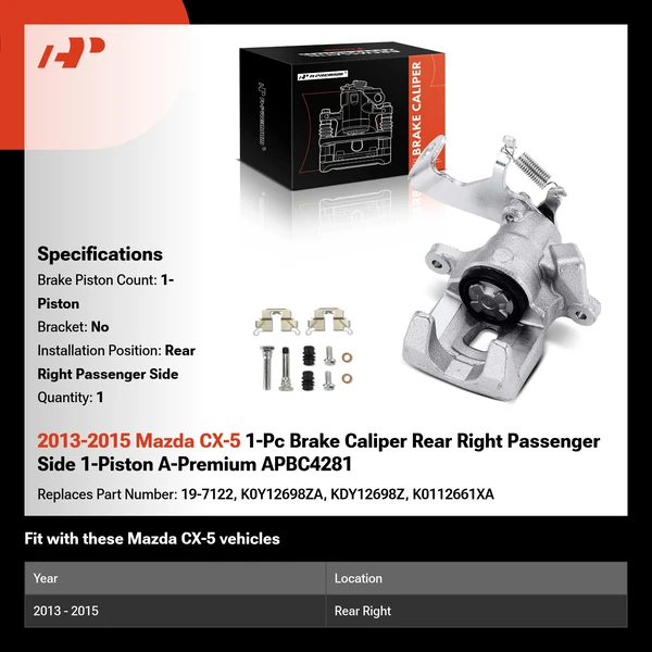 2013-2015 Mazda CX-5 1-Pc Brake Caliper Rear Right Passenger Side 1-Piston A-Premium APBC4281