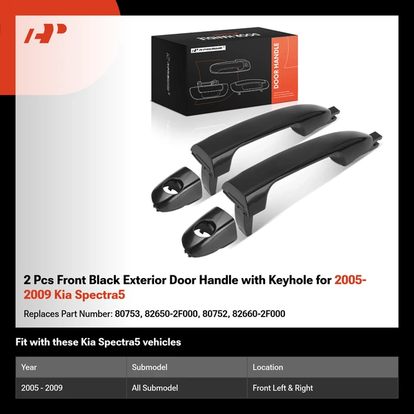 2 Pcs Front Black Exterior Door Handle with Keyhole for 2005-2009 Kia Spectra5