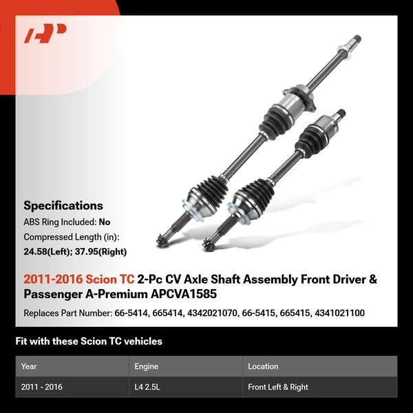 2011-2016 Scion TC 2-Pc CV Axle Shaft Assembly Front Driver & Passenger A-Premium APCVA1585