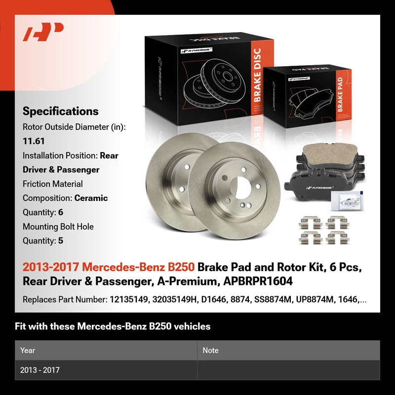 2013-2017 Mercedes-Benz B250 Brake Pad and Rotor Kit, 6 Pcs, Rear Driver & Passenger, A-Premium, APBRPR1604