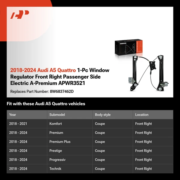 2018-2024 Audi A5 Quattro 1-Pc Window Regulator Front Right Passenger Side Electric A-Premium APWR3521