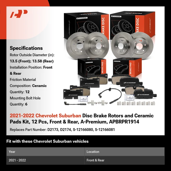 2021-2022 Chevrolet Suburban Disc Brake Rotors and Ceramic Pads Kit, 12 Pcs, Front & Rear, A-Premium, APBRPR1914