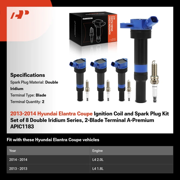 2013-2014 Hyundai Elantra Coupe Ignition Coil and Spark Plug Kit Set of 8 Double Iridium Series, 2-Blade Terminal A-Premium APIC1183