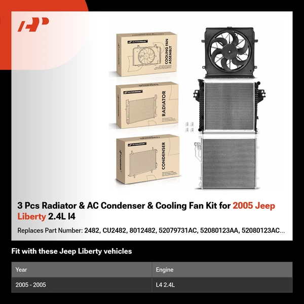 3 Pcs Radiator & AC Condenser & Cooling Fan Kit for 2005 Jeep Liberty 2.4L l4