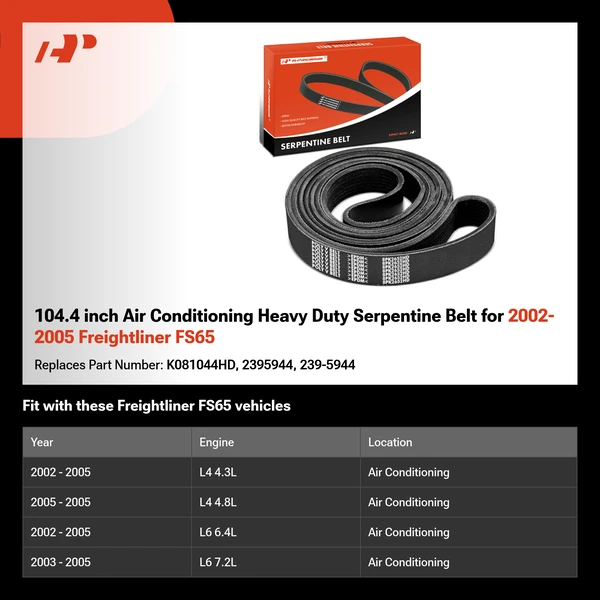 104.4 inch Air Conditioning Heavy Duty Serpentine Belt for 2002-2005 Freightliner FS65