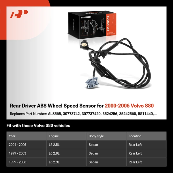 Rear Driver ABS Wheel Speed Sensor for 2000-2006 Volvo S80