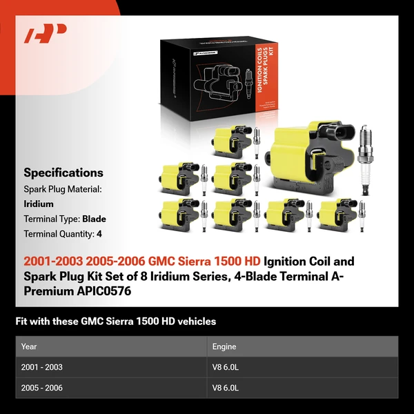2001-2003 2005-2006 GMC Sierra 1500 HD Ignition Coil and Spark Plug Kit Set of 8 Iridium Series, 4-Blade Terminal A-Premium APIC0576