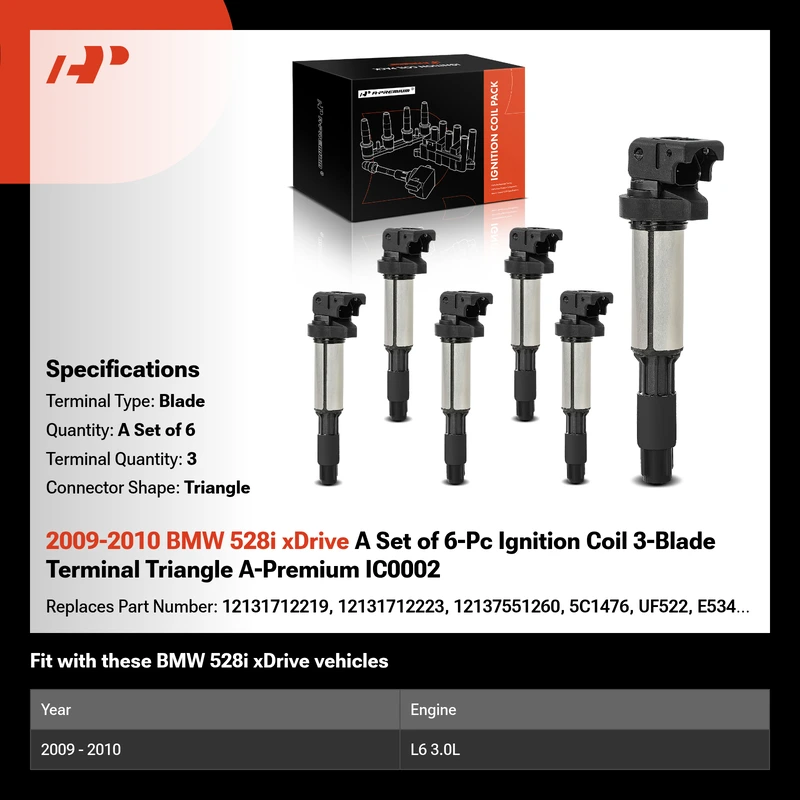 2009-2010 BMW 528i xDrive A Set of 6-Pc Ignition Coil 3-Blade Terminal Triangle A-Premium IC0002