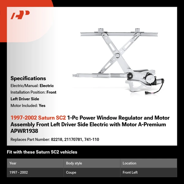 1997-2002 Saturn SC2 1-Pc Power Window Regulator and Motor Assembly Front Left Driver Side Electric with Motor A-Premium APWR1938