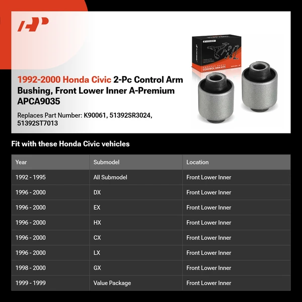 1992-2000 Honda Civic 2-Pc Control Arm Bushing, Front Lower Inner A-Premium APCA9035